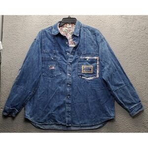 Vtg 90s Exhaust Button Up Shirt Mens L Blue Denim Distressed Grunge Streetwear